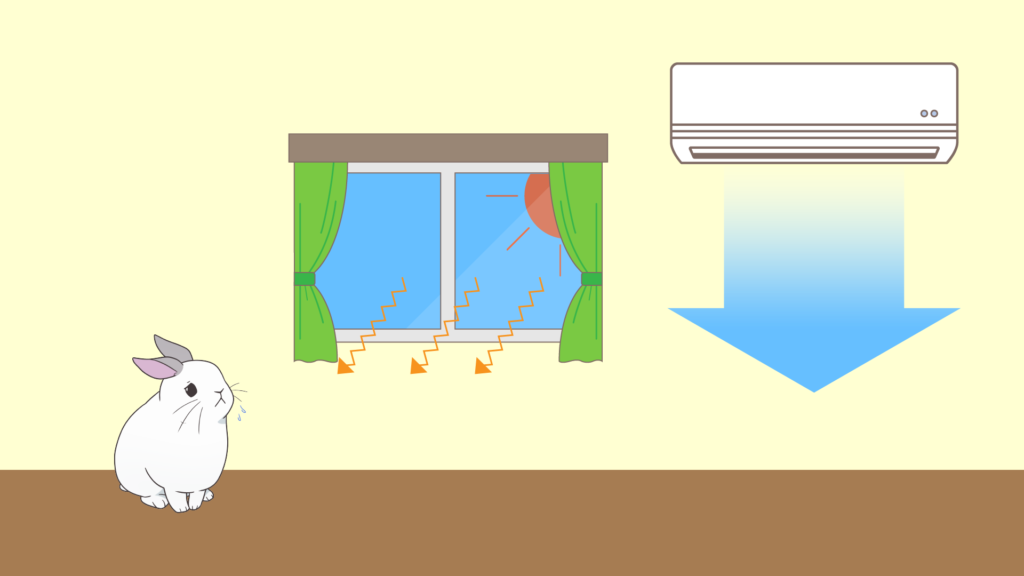遮光カーテンで日差しを遮断してうさぎ部屋の室温上昇を抑える